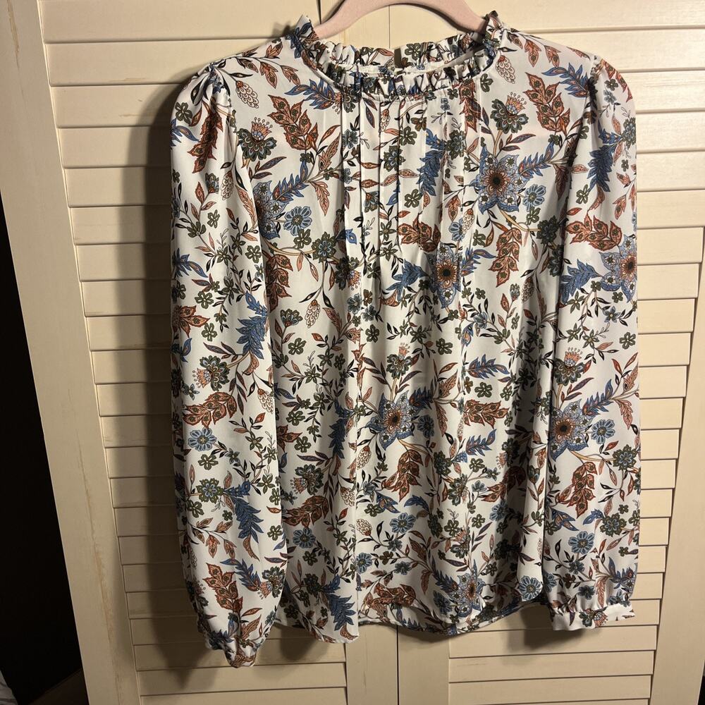 Loft Blouse Pleated Long Sleeve Ruffle Neck Floral Blue Brown Women’s Size XS